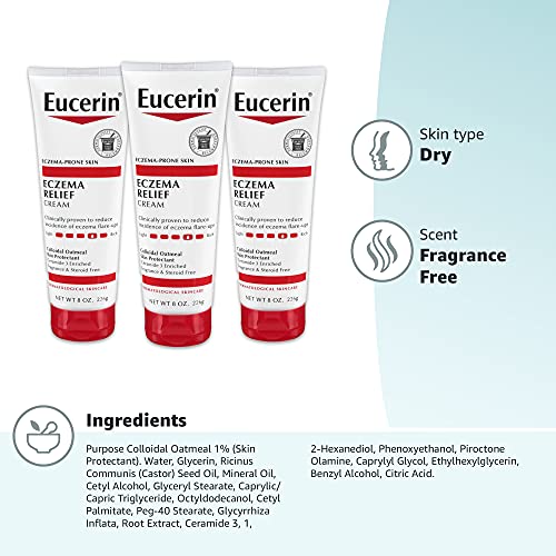 Eucerin Eczema Relief Cream, Full Body Lotion for Eczema-Prone Skin, Moisturizing Eczema Cream, Body Moisturizer, Multi-Pack, 8 oz. Tube (Pack of 3)