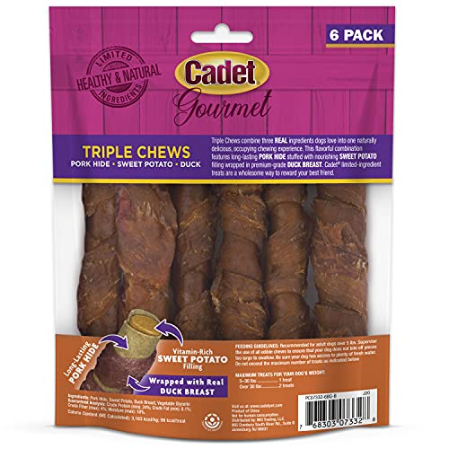 Cadet Gourmet Triple Chews Pork Hide, Sweet Potato, & Duck Dog Treats - Healthy Dog Treats for Small & Large Dogs - Inspected & Tested in USA (6 Count)