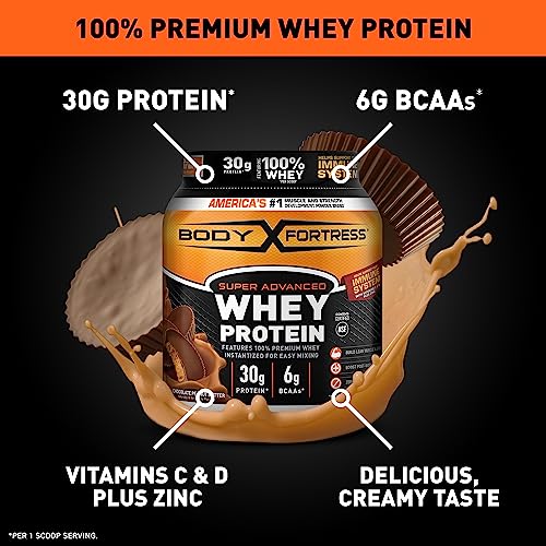 Body Fortress Super Advanced Whey Protein Powder, Chocolate Peanut Butter, Immune Support (1), Vitamins C & D plus Zinc, 1.78 lbs (Packaging May Vary)