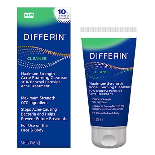 Differin Acne Face Wash with 10% Benzoyl Peroxide, Maximum Strength OTC Acne Foaming Cleanser, Fast Acting Acne Treatment for Face and Body, 5 oz.