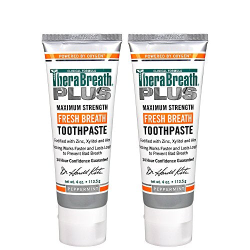 TheraBreath Plus Fresh Breath Maximum Strength 24-Hour Toothpaste with Zinc, Xylitol and Aloe, 4 Ounce (Pack of 2)