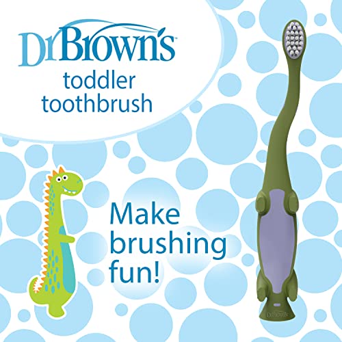 Dr. Brown's Baby and Toddler Toothbrush, Green and Orange Dinosaur 2-Pack, 1-4 Years