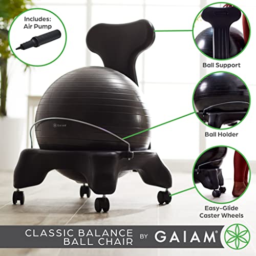 Gaiam 610-6002RTL Balance Ball Chair - Classic Yoga Ball Chair with 52cm Stability Ball, Pump & Exercise Guide for Home or Office, Black