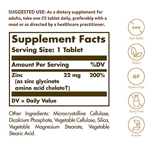 Solgar Chelated Zinc, 250 Tablets - Zinc for Healthy Skin - Supports Cell Growth & DNA Formation - Exerts Antioxidant Activity - Supports A Healthy Immune System - Non GMO, Vegan - 250 Servings