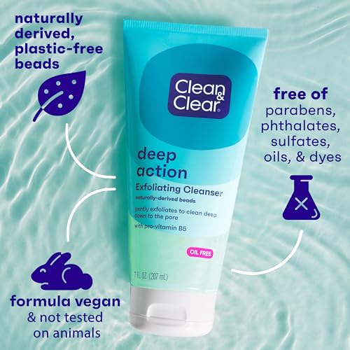 Clean & Clear Oil-Free Deep Action Exfoliating Facial Scrub, Cooling Daily Face Wash With Exfoliating Beads for Smooth Skin, Cleanses Deep Down to the Pores to Remove Dirt, Oil & Makeup, 7 oz