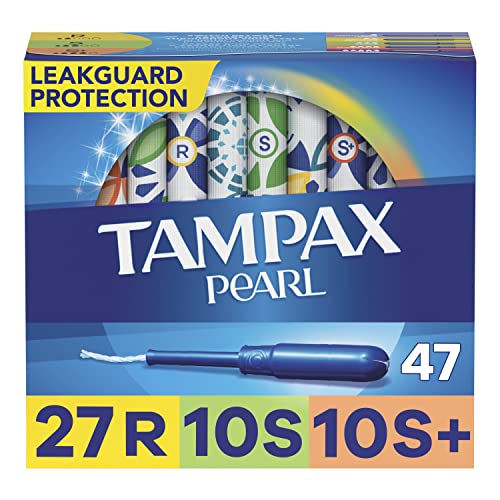 Tampax Pearl Tampons Multi Pack, with LeakGuard Braid, Regular/Super/Super Plus Absorbency, Unscented, 47 Count