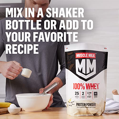 Muscle Milk 100% Whey Protein Powder, Chocolate, 5 Pound, 66 Servings, 25g Protein, 2g Sugar, Low in Fat, NSF Certified for Sport, Energizing Snack, Workout Recovery, Packaging May Vary