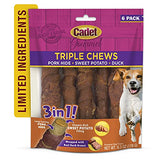 Cadet Gourmet Triple Chews Pork Hide, Sweet Potato, & Duck Dog Treats - Healthy Dog Treats for Small & Large Dogs - Inspected & Tested in USA (6 Count)