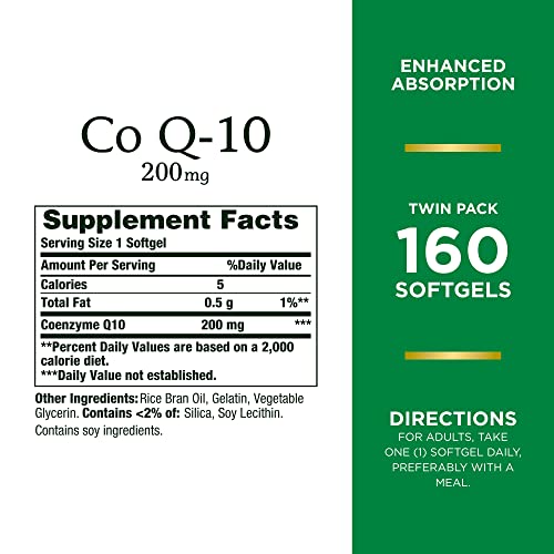 Natures Bounty CoQ10 200 mg Softgels, Heart Health & Cellular Energy Support, Twin Pack, 160 Rapid Release Softgels