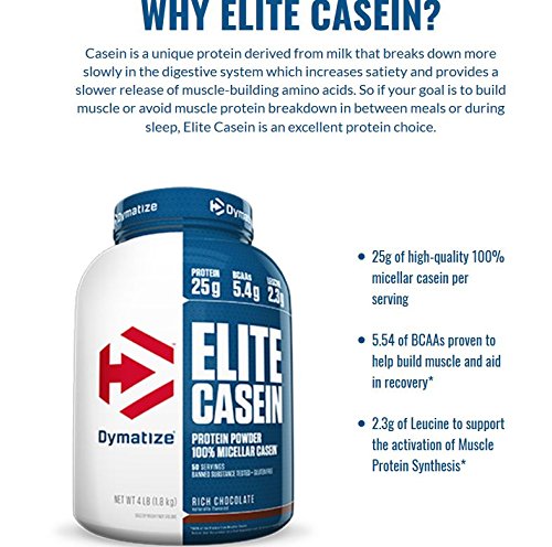 Dymatize Elite Casein Protein Powder, Slow Absorbing with Muscle Building Amino Acids, 100% Micellar Casein, 25g Protein, 5.4g BCAAs & 2.3g Leucine, Helps Overnight Recovery, Rich Chocolate, 4 Pound