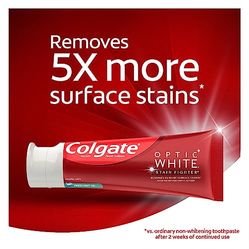 Colgate Optic White Stain Fighter Whitening Toothpaste Gel, Fresh Mint Flavor Gel Toothpaste, Safely Removes Surface Stains, Enamel-Safe for Daily Use, Whitening Toothpaste with Fluoride, 4.2 Oz Tube