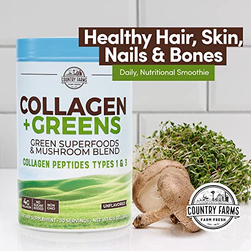 Country Farms Collagen Peptides Powder with Greens Dietary Powder Supplement (Type I, III) for Skin Hair Nail and Joints, Dairy/Gluten/Sugar Free, Energizing Superfoods, Natural, 10.6 Oz 30 Servings