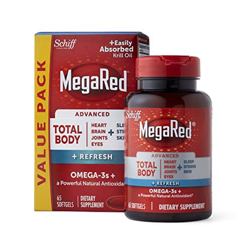 Megared Omega-3 Blend Total Body + Refresh 500mg Softgels, (65 Count in a Bottle), Easily Absorbed Krill Oil, to Support Your Heart, Joints, Brain & Eyes