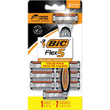 BIC Flex 5 Hybrid Disposable Razors for Men, 1 Handle and 6 Cartridges With 5 Blades, 7 Piece Razor Set for Men