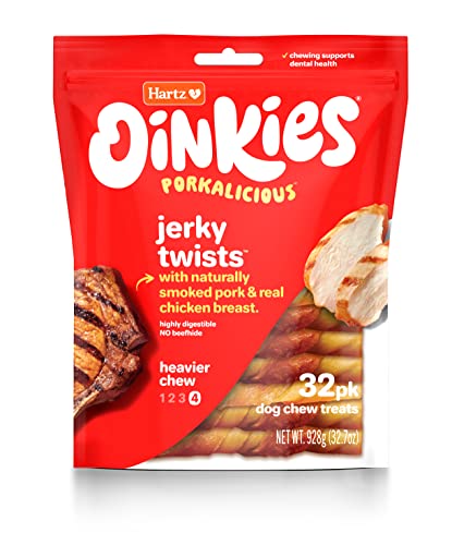 Hartz Oinkies Porkalicious Smoked Pig Skin Chicken Jerky Twists Dog Treats, 32 Count