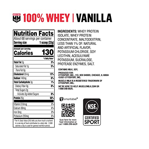 Muscle Milk 100% Whey Protein Powder, Chocolate, 5 Pound, 66 Servings, 25g Protein, 2g Sugar, Low in Fat, NSF Certified for Sport, Energizing Snack, Workout Recovery, Packaging May Vary