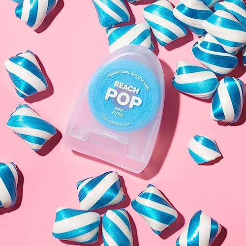 REACH POP Dental Floss | Vegan Wax & PFAS-Free | Durable & Shred Resistant | Slides Smoothly & Easily | Effective Plaque Removal | Blue Color Floss | Mint, 54.7 YD