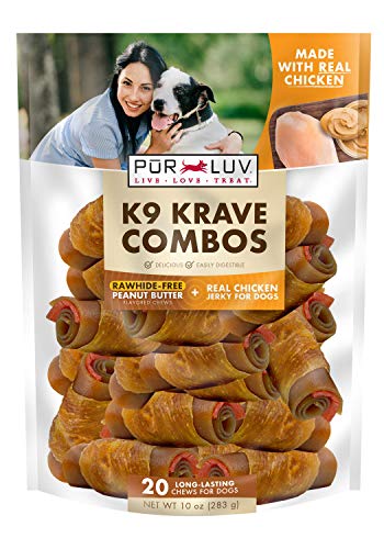 Pur Luv K9 Kraves Rawhide Free Bone Dog Treats, Peanut Butter Flavor, Made with Real Peanut Butter and Chicken, Healthy, Easily Digestible, Long Lasting, and High Protein Dog Treat, 20 Count