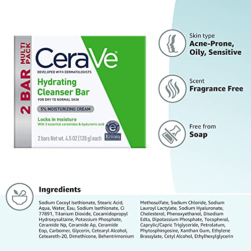 CeraVe Hydrating Cleanser Bar | Soap-Free Body and Facial Cleanser with 5% Cerave Moisturizing Cream | Fragrance-Free |2-Pack, 4.5 Ounce Each