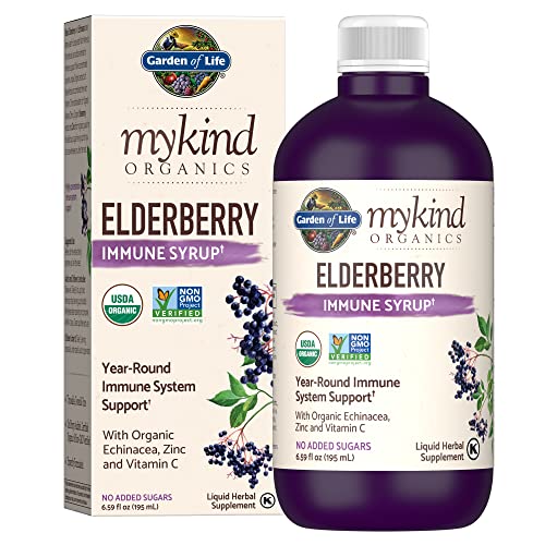 Garden of Life Mykind Organics Plant Based Elderberry Immune Syrup 6.59 fl oz (195 Ml) for Kids & Adults Sambucus, Echinacea, Zinc & Vitamin C, 0g Sugar, Organic Vegan Gluten Free Herbal Supplement