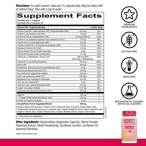 SmartyPants Multivitamin for Women Omega-3 DHA Zinc for Immunity, Biotin, Iron, Folate, Vitamins D3, C, B6, Vitamin B12, One Per Day, 30 Capsules, 30 Day Supply