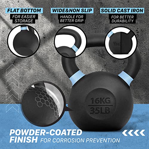 Yes4All Powder Coated Cast Iron Competition Kettlebell with Wide Handles & Flat Bottoms – 16 KG / 35 LB