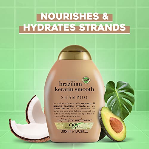 OGX Ever Straightening + Brazilian Keratin Therapy Shampoo, for Lustrous, Shiny Hair, Paraben-Free, Sulfate-Free Surfactants, Coconut Oil, Keratin powder,Avocado oil and cocoa butter, 13 Fl Oz