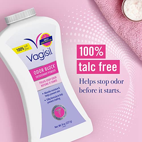 Vagisil Odor Block Deodorant Powder for Women, Helps to Prevents Chafing, Talc-Free, 8 Ounce (Pack of 1)