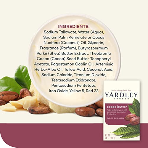 Yardley London Moisturizing Bath Soap Bar Shea Cocoa Butter, Helps Soften Dry Skin with Pure Cocoa and Vitamin E, (4.0 oz, 1)