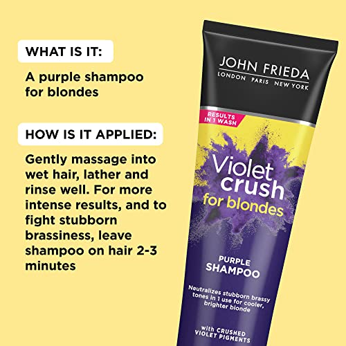 John Frieda Violet Crush Purple Shampoo and Conditioner Set for Blonde Hair, Blonde Toner Neutralizes Yellow Tones for Bleached, Blonde, and Platinum Hair., Enhance Blonde Tones, 8.3 oz (2 Pk Set)