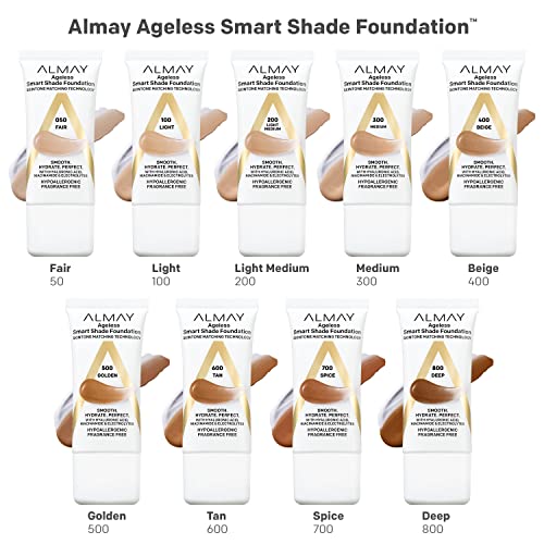 Almay Anti-Aging Foundation, Smart Shade Face Makeup with Hyaluronic Acid, Niacinamide, Vitamin C & E, Hypoallergenic-Fragrance Free, 200 Light Medium, 1 Fl Oz (Pack of 1)