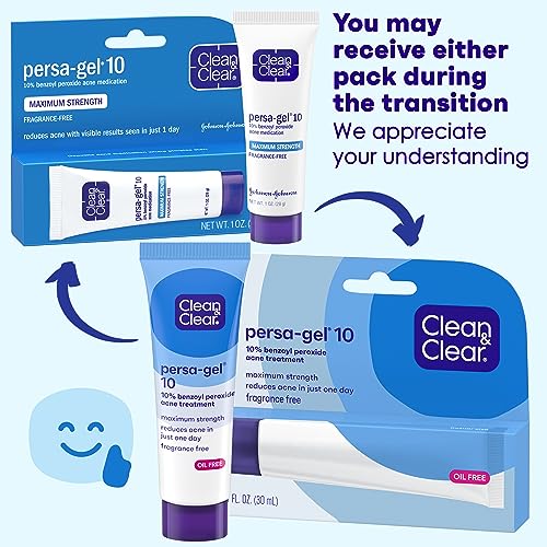 Clean & Clear Persa-Gel 10 Oil-Free Acne Spot Treatment with Maximum Strength 10% Benzoyl Peroxide, Topical Pimple Cream & Acne Gel Medication for Face Acne, Fragrance-Free, 1 fl. oz