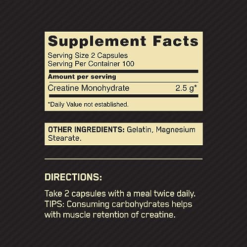 Optimum Nutrition Micronized Creatine Monohydrate Capsules, Keto Friendly, 2500mg, 100 Capsules