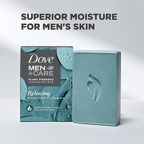 Dove Men+Care Natural Essential Oil Bar Soap Relaxing Eucalyptus Oil & Cedar Oil 4 Count To Clean And Hydrate Mens Skin 4-in-1 Bar Soap For Men's Body, Hair, Face, And Shave 5oz