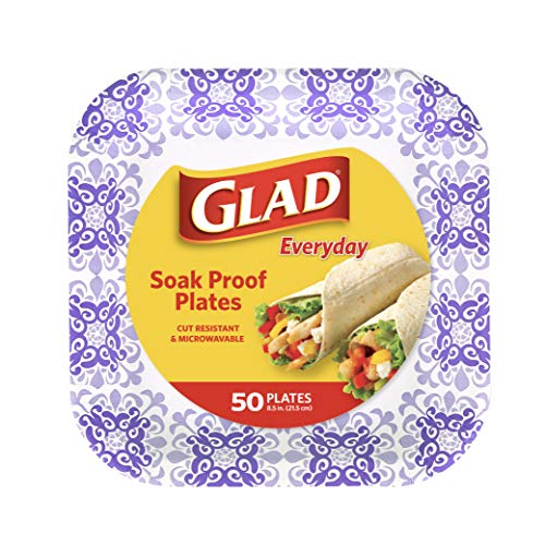 Glad Square Disposable Paper Plates for All Occasions | Soak Proof, Cut Proof, Microwaveable Heavy Duty Disposable Plates | 8.5 Diameter, 50 Count Bulk Paper Plates,Purple