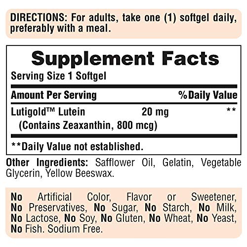 Puritans Pride Lutein 20 mg with Zeaxanthin Softgels, Supports Eye Health, 120 Count