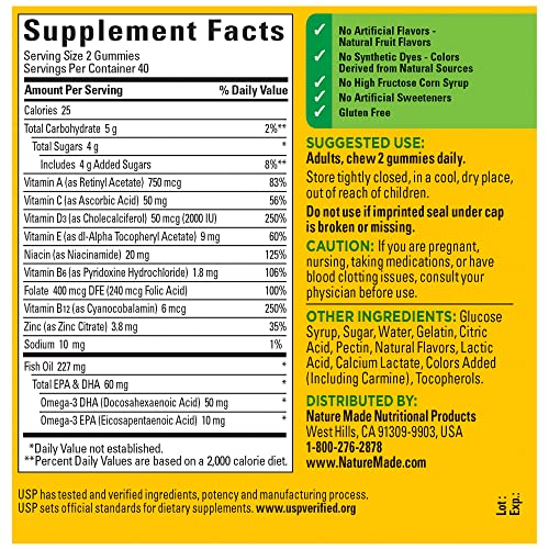 Nature Made Multivitamin + Omega-3, Dietary Supplement for Daily Nutritional Support, 80 Gummy Vitamins and Minerals, 40 Day Supply