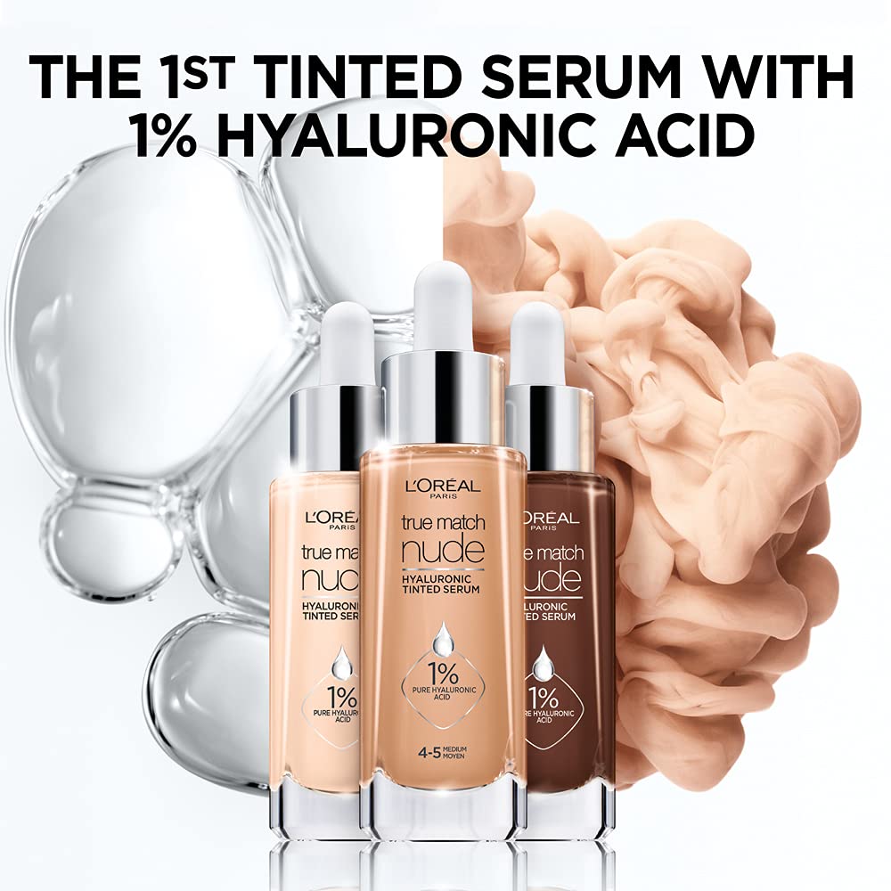 L’Oréal Paris True Match Nude Hyaluronic Tinted Serum Foundation with 1% Hyaluronic acid, Very Light 0.5-2, 1 fl. oz.