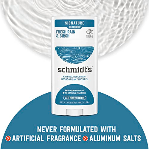 Schmidts 100% Natural Origin Ingredient Deodorant Stick Fresh Rain & Birch 2 Count for 24-Hour Odor Protection 2.65 oz