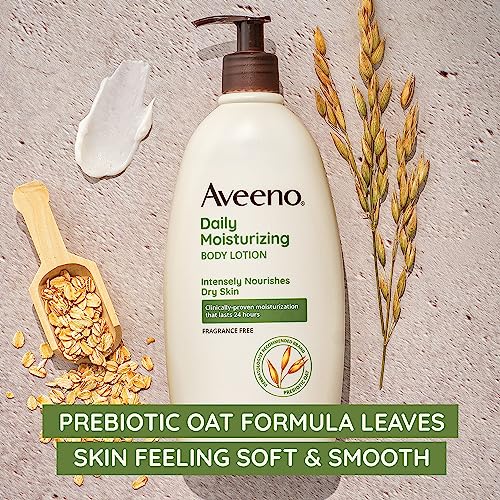 Aveeno Daily Moisturizing Body Lotion with Soothing Prebiotic Oat, Gentle Lotion Nourishes Dry Skin With Moisture, Paraben-, Dye- & Fragrance-Free, Non-Greasy & Non-Comedogenic, 12 fl. oz