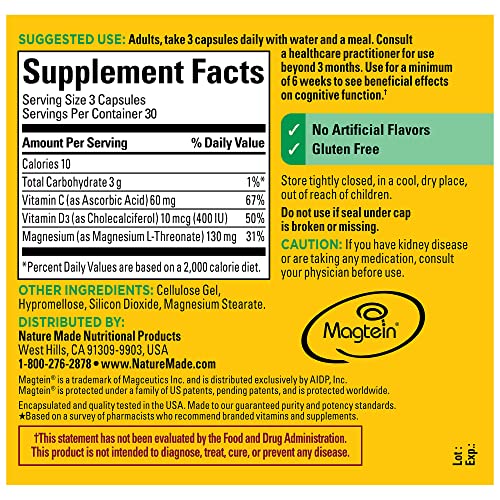 Nature Made Magnesium L-Threonate with Vitamin C & Vitamin D3, Cognitive Support Magnesium Supplement, 90 Capsules, 30 Day Supply