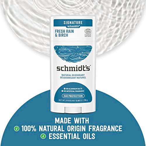 Schmidts 100% Natural Origin Ingredient Deodorant Stick Fresh Rain & Birch 2 Count for 24-Hour Odor Protection 2.65 oz