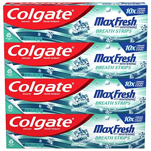 Colgate Max Fresh Whitening Toothpaste with Mini Strips, Clean Mint Toothpaste for Bad Breath, Helps Fight Cavities, Whitens Teeth, and Freshens Breath, 4 Pack, 6.3 Oz Tubes