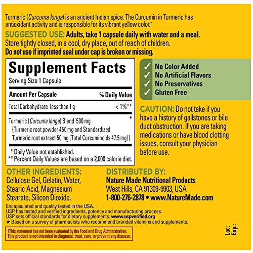 Nature Made Turmeric Curcumin 500 mg, Herbal Supplement for Antioxidant Support, 60 Capsules, 60 Day Supply