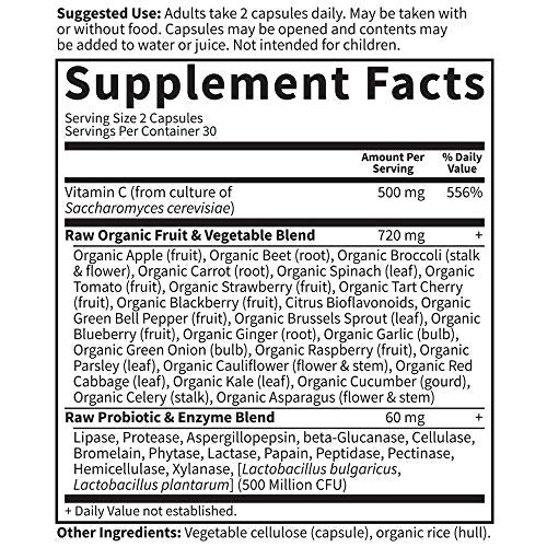 Garden of Life Whole Food Vitamin C Code Raw Capsules, 500mg, Fruit & Veggie Blend, Probiotics Supplements for Adults, Vegan, Gluten Free, Orange, 60 Count