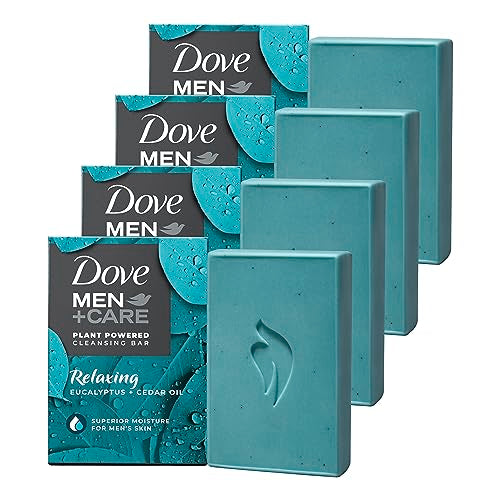 Dove Men+Care Natural Essential Oil Bar Soap Relaxing Eucalyptus Oil & Cedar Oil 4 Count To Clean And Hydrate Mens Skin 4-in-1 Bar Soap For Men's Body, Hair, Face, And Shave 5oz