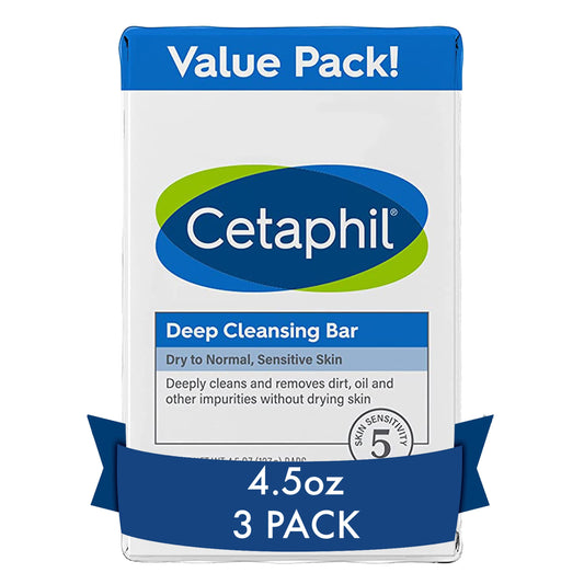 Cetaphil Bar Soap, Deep Cleansing Face and Body Bar, Pack of 3, For Dry to Normal, Sensitive Skin, Soap Free, Hypoallergenic, Paraben Free, Fragrance Free, Removes Makeup, Dirt and Oil