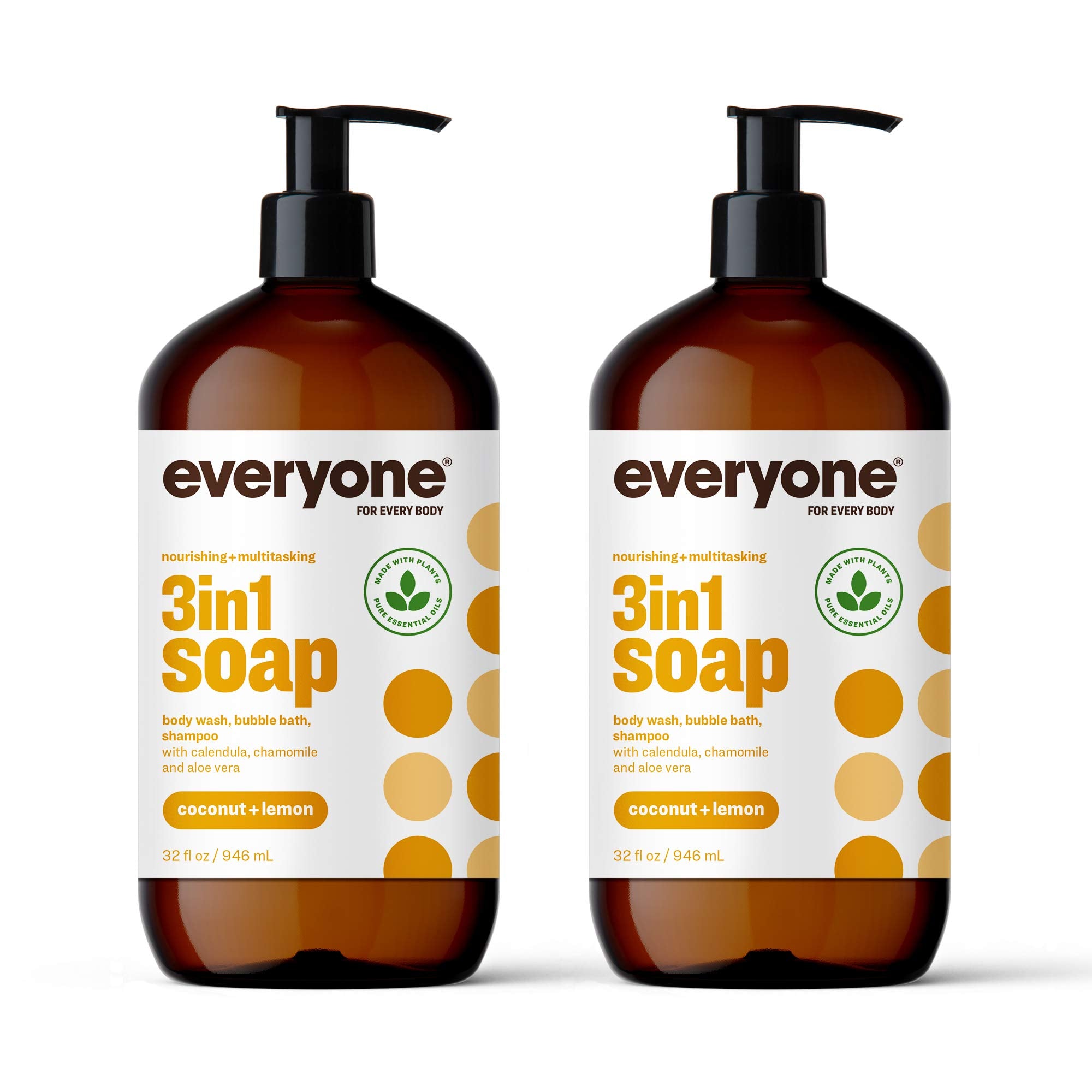 Everyone 3-in-1 Soap, Body Wash, Bubble Bath, Shampoo, 32 Ounce (Pack of 2), Ruby Grapefruit, Coconut Cleanser with Plant Extracts and Pure Essential Oils