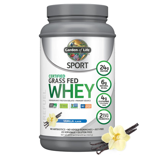 Garden of Life Sport Whey Protein Powder Chocolate, Premium Grass Fed Whey Protein Isolate Plus Probiotics for Immune System Health, 24g Protein, Non GMO, Gluten Free, Cold Processed - 20 Servings