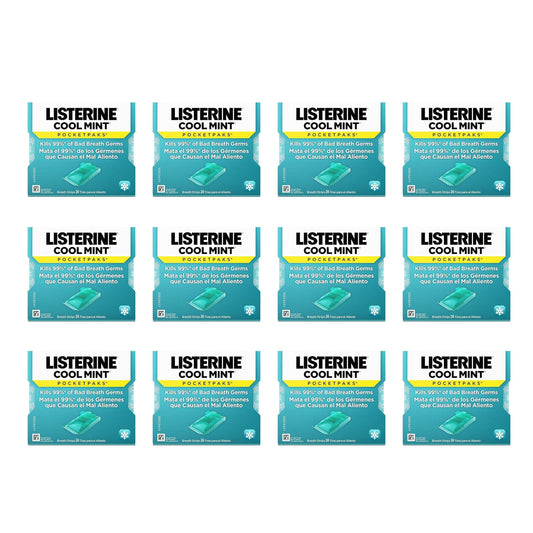 Listerine Cool Mint PocketPaks Portable Breath Strips for Bad Breath, Fresh Breath Strips Dissolve Instantly to Kill 99% of Bad Breath Germs* On-The-Go, Cool Mint, 24-Strip Pack (12 Units)